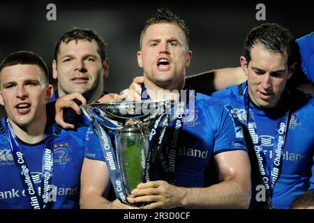 Jamie Heaslip di Leinster festeggia la vittoria alla finale della Amlin Challenge Cup tra Leinster Rugby e Stade Francais presso la RDS Arena di Dublino a Frida Foto Stock