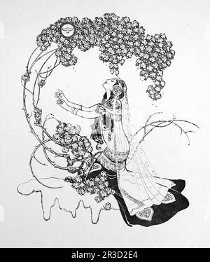 Da parte di Rene Bull Disegno di linea di una signora sotto i fiori sporgenti. Dal Rubaiyat di Omar Khayyam. Foto Stock