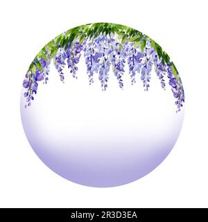 cornice rotonda acquerello con ramo di fiori di glicine, illustrazione a mano con fiori di lilla primaverile, pianta blu su sfondo lilla. Foto Stock