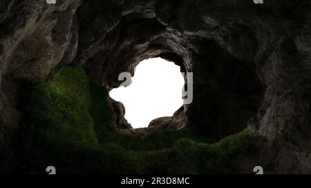 Vista dalla profonda grotta con erba, buco nella montagna rocciosa, tramonto. rendering 3d Foto Stock