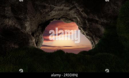 Vista dalla profonda grotta con erba, buco nella montagna rocciosa, tramonto. rendering 3d Foto Stock