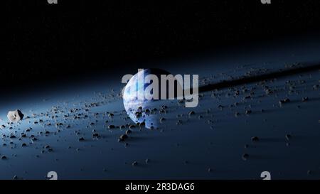 Il pianeta Pandora circondava la fascia degli asteroidi, gli anelli naufragano del pianeta distrutto. Protoplanet blu nello spazio cosmo nero dell'universo. rendering 3d Foto Stock