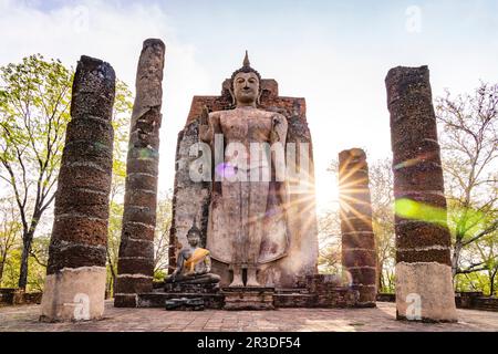 Der riesige stehende Buddha im Tempel Wat Saphan Hin, UNESCO Welterbe Geschichtspark Sukhothai, Thailandia, Asien | il gigante in piedi Buddha del Foto Stock