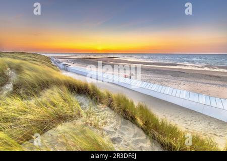 Case sulla spiaggia di Westkapelle viste dalle dune di Zeeland al tramonto, Paesi Bassi. Paesaggio scenario della natura in Europa. Foto Stock