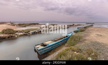 Relitti di barche da pesca nel porto naturale del Delta Ebro. Crisi economica della pesca nel mare mediterraneo. Badia del Fangar, Catalogna, Spagna. Landsca Foto Stock