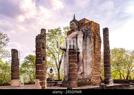 Der riesige stehende Buddha im Tempel Wat Saphan Hin, UNESCO Welterbe Geschichtspark Sukhothai, Thailandia, Asien | il gigante in piedi Buddha del Foto Stock