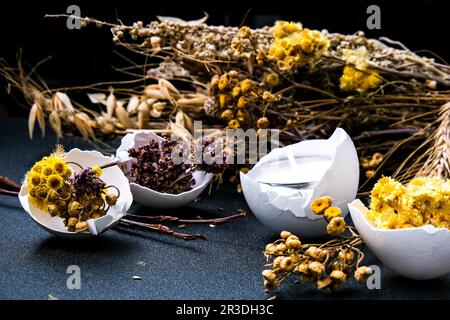 Decorazioni di Pasqua alla moda. Uova organiche spaccate con erba secca e fiori secchi candela sul piatto. Piuma d'uccello. Spazio di copia. Greeti Foto Stock