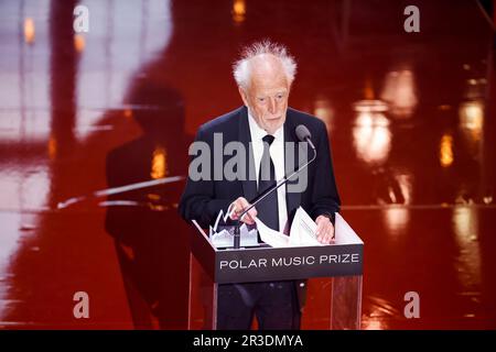 Stoccolma, Svezia. 23rd maggio, 2023. Vincitore del premio Polar Music Prize, l'ex produttore discografico inglese e fondatore della Island Records Chris Blackwell ha tenuto un discorso dopo aver ricevuto il premio durante la cerimonia del premio Polar Music Prize al Grand Hotel di Stoccolma, 24 maggio 2023. Foto: Christine Olsson/TT/Kod 10430 Credit: TT News Agency/Alamy Live News Foto Stock