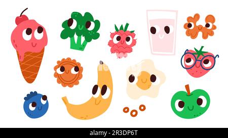 Simpatici e divertenti personaggi del cibo infantile. Set di illustrazioni vettoriali per menu bambini. Illustrazione Vettoriale