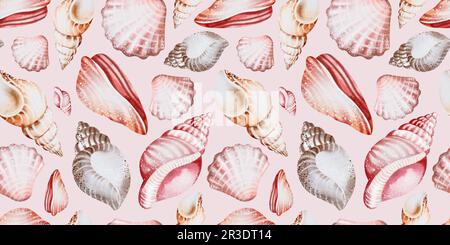 Acquerello senza cuciture con conchiglie. motivo ad acquerello senza cuciture. Sfondo di conchiglie color oceano. per tessuto, tessuto Foto Stock