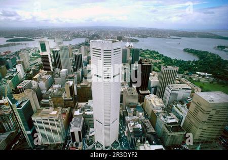 Vista dalla cima della Centre Point Tower, guardando verso ovest al 25 Martin Place, Sydney Australia nel 1987 Foto Stock