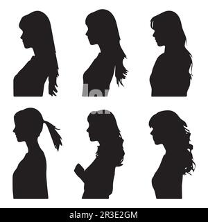 Una serie di silhouette di donne con diversi stili di capelli vettore. Illustrazione Vettoriale