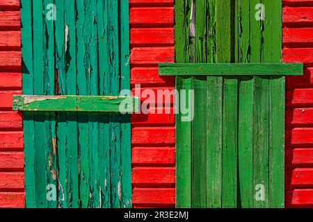 Macro trama di vecchia vernice sbiadita su tavole di legno Foto Stock