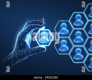 Astratto 3D mano umana tenere leader icona in esagono e persone piramide. Gestire risorse umane, team leader, processo di reclutamento Illustrazione Vettoriale