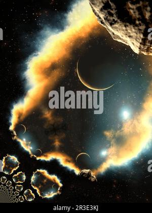 Illustrazione artistica 3D di una scena cosmica Foto Stock