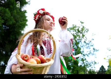 bella ragazza ucraina in una corona rossa con cesto di mele raccolta donna ucraina in vyshyvanka tradizionale a croce-punto su camicia bianca sciolto capelli labbra con arco in natura mangiare deliziose mele Foto Stock