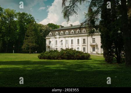 Facciata sud del Palazzo a Radziejowice. Vista dal parco. Prato di fronte al castello Foto Stock