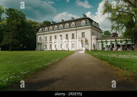 Facciata sud del Palazzo a Radziejowice. Vista dal parco. Prato di fronte al castello Foto Stock