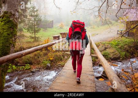 Donna sta attraversando il ponte di legno mentre camminando Foto Stock