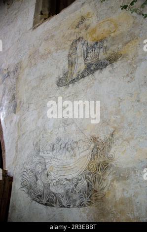 Pitture murali, seccoes di affresco, in Haddon Hall Chapel, Bakewell, Peak District, Derbyshire, Regno Unito Foto Stock