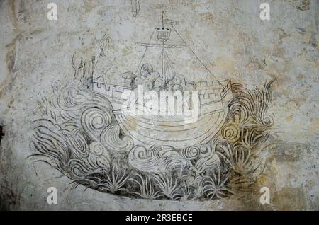 Pitture murali, seccoes di affresco, in Haddon Hall Chapel, Bakewell, Peak District, Derbyshire, Regno Unito Foto Stock