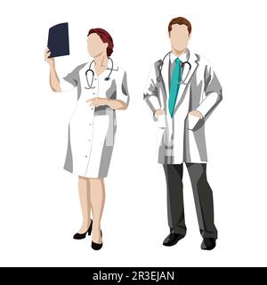 Uomo e donna medico, infermiera o ordinato su uno sfondo bianco, trattamento di malattie e virus - Vector Foto Stock