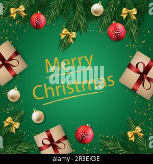 Banner Web di Natale auguri di buon anno, scatole regalo e tinsel d'oro. Poster, cartoline, intestazioni, siti web, social network Foto Stock