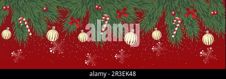 Sfondo natalizio con rami d'albero di Natale, decorazioni natalizie e ghirlanda Foto Stock