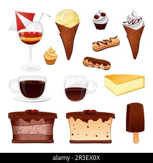 Set di dolci vari su sfondo bianco Foto Stock