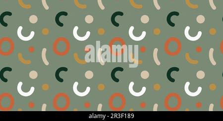 Linee folli e forme di tonalità naturali su sfondo verde. Graziosa fantasia boho senza cuciture. Design creativo minimalista e alla moda disegnato a mano Illustrazione Vettoriale