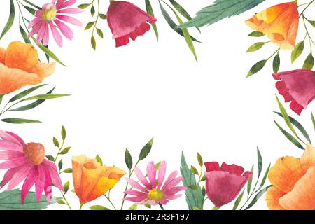 Cornice estiva con fiori selvatici, illustrazione in acquerello. Bordo floreale con spazio vuoto per il testo. Fiori e erbe di prato rosa, giallo, blu disegnati a mano Foto Stock