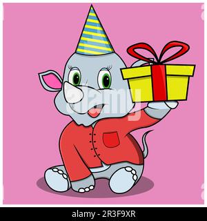 Rinoceronte personaggio con regalo, sfondo rosa, mascotte, icona, personaggio o logo, Vettore e illustrazione Illustrazione Vettoriale