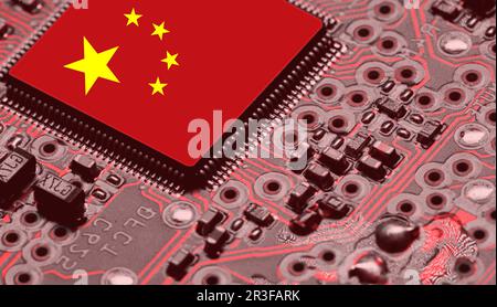 Bandiera nazionale cinese sovrapposta su microchip PC su circuito integrato Foto Stock