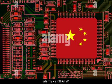 Bandiera nazionale cinese sovrapposta su microchip PC su circuito integrato Foto Stock