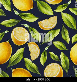 Acquerello senza cuciture con limone fresco maturo con foglie e fiori verdi luminosi. Dipinto a mano a fette di agrumi tagliate su sfondo bianco. Per Foto Stock