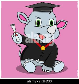 Rinoceronte di carattere con tema di laurea, sfondo di colori rosa, mascotte, icona, carattere o Logo, Vettore e illustrazione Illustrazione Vettoriale