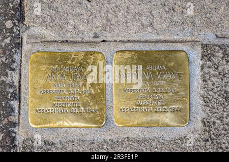 Pietre inciampanti in memoria di Anna Jona e di sua figlia Angiolina Vivante, poste di fronte alla casa dove vivevano a Venezia, Veneto, Italia Foto Stock