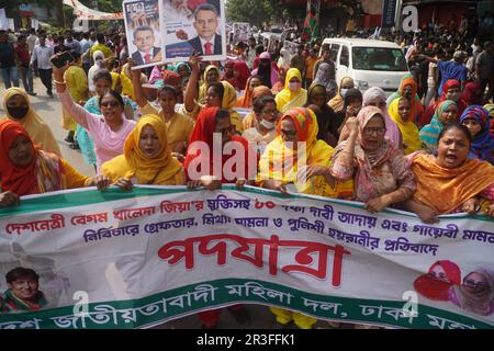 Dhaka, Bangladesh. 23rd maggio, 2023. Gli attivisti del Partito nazionalista del Bangladesh (BNP) stanno partecipando a una marcia di protesta per presentare la loro domanda di 10 punti, compresa la tenuta delle prossime elezioni generali sotto un governo provvisorio non partigiano. (Credit Image: © MD Mehedi Hasan/Pacific Press via ZUMA Press Wire) SOLO PER USO EDITORIALE! Non per USO commerciale! Foto Stock