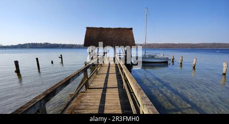 Mulino Jetty Roemnitzer, Roemnitz, Ratzeburger See, Parco Naturale dei Laghi di Lauenburg, Germania, Europa Foto Stock