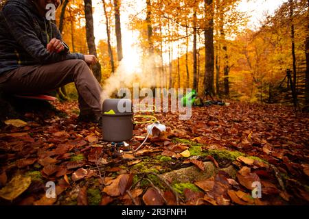 La donna usa un riscaldatore a gas portatile e una padella per cucinare all'aperto Foto Stock