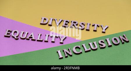 MESSAGGIO DIVERSITÀ INCLUSIONE UGUAGLIANZA. Parole motivazionali Quotes concetto. Sfondo colorato. Concetto creativo minimalista. IDE Foto Stock