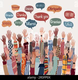 La mano ha alzato la gente multiculturale dalle nazioni e dai continenti differenti con le bolle di discorso con il testo -grazie- in varie lingue internazionali Illustrazione Vettoriale