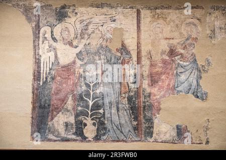 Dipinti murali del 14th ° secolo di Urries, affresco strappato e trasferito su tela, provengono dalla chiesa di San Esteban de Urries, Museo Diocesano di Jaca, Huesca, Spagna. Foto Stock