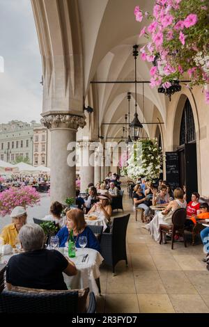 Cafeterias de Sukiennice,Rynek Gówny , plaza del mercado, Cracovia , voivodato de Pequeña Polonia,Polonia, Europa dell'Est. Foto Stock