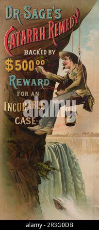 Un uomo che dipinge le lettere di una pubblicità per il rimedio catarrico del Dott. Sage su una scogliera sopra le cascate del Niagara. Foto Stock