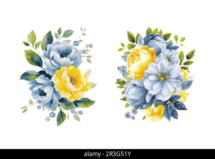 Acquerello giallo e blu set di fiori, vintage vettore Illustrazione Vettoriale