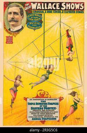 Manifesto pubblicitario il Grande Wallace mostra circo, mostrando le sorelle Vortex che eseguono il loro triplo atto di trapezio girevole, circa 1898. Foto Stock