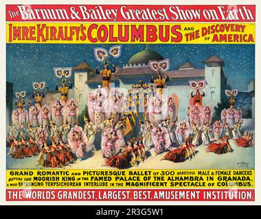 Poster del circo vintage Barnum e Bailey che mostra i ballerini davanti al re moresco nell'Alhambra. circa 1891. Foto Stock