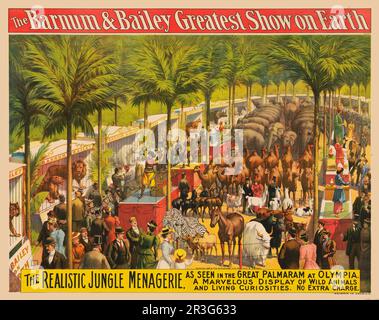 Poster del circo Barnum & Bailey vintage che mostra animali e artisti sotto le palme, circa 1897. Foto Stock