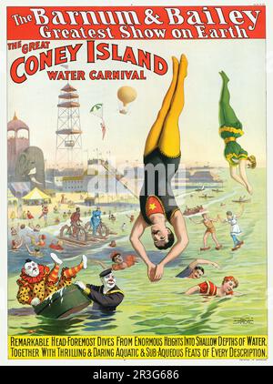 Poster del circo Barnum & Bailey vintage del Carnevale delle acque di Great Coney Island, circa 1898. Foto Stock